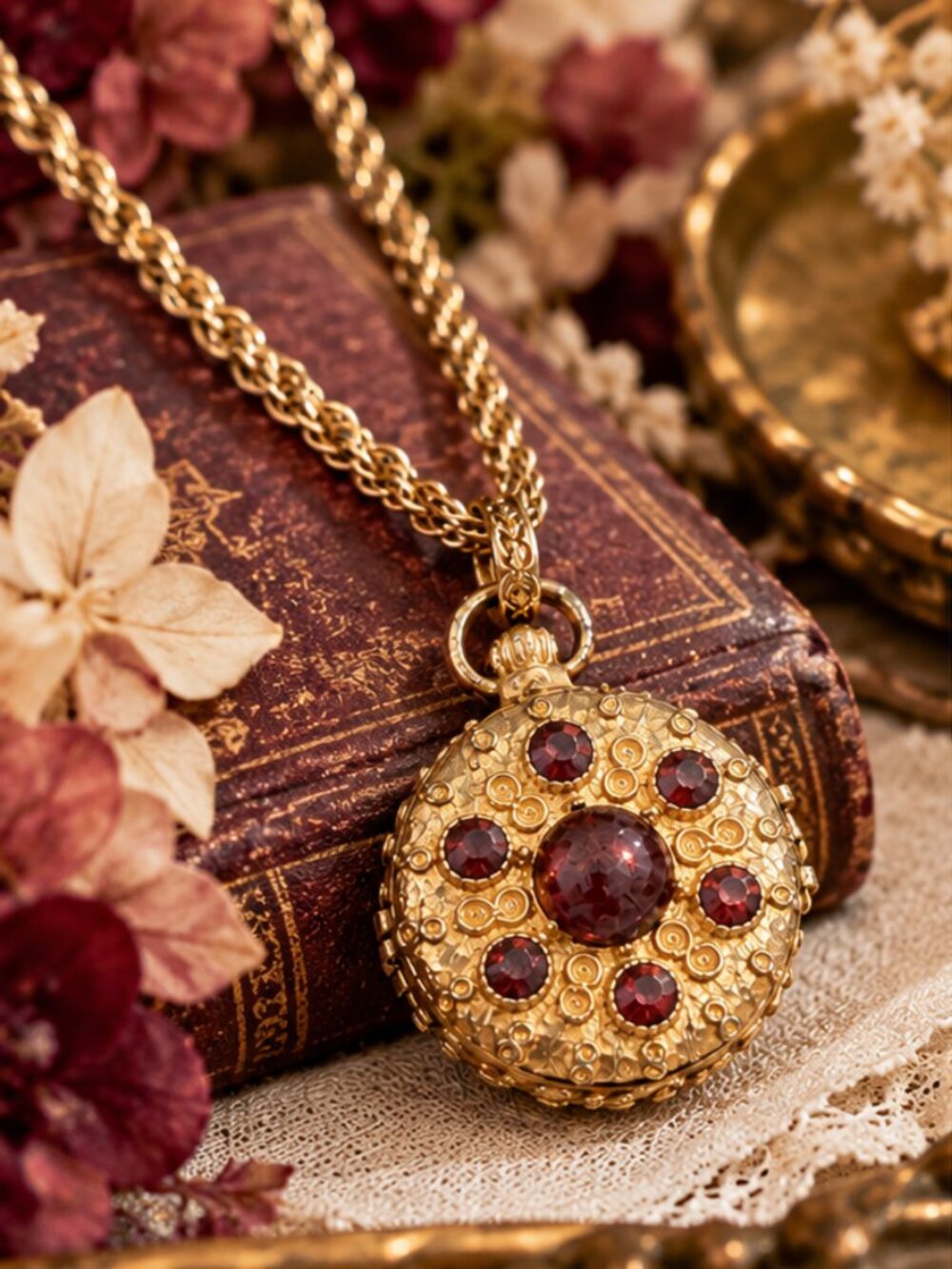 Victorian Revival Gold Tone Locket Necklace with Burgundy Stones